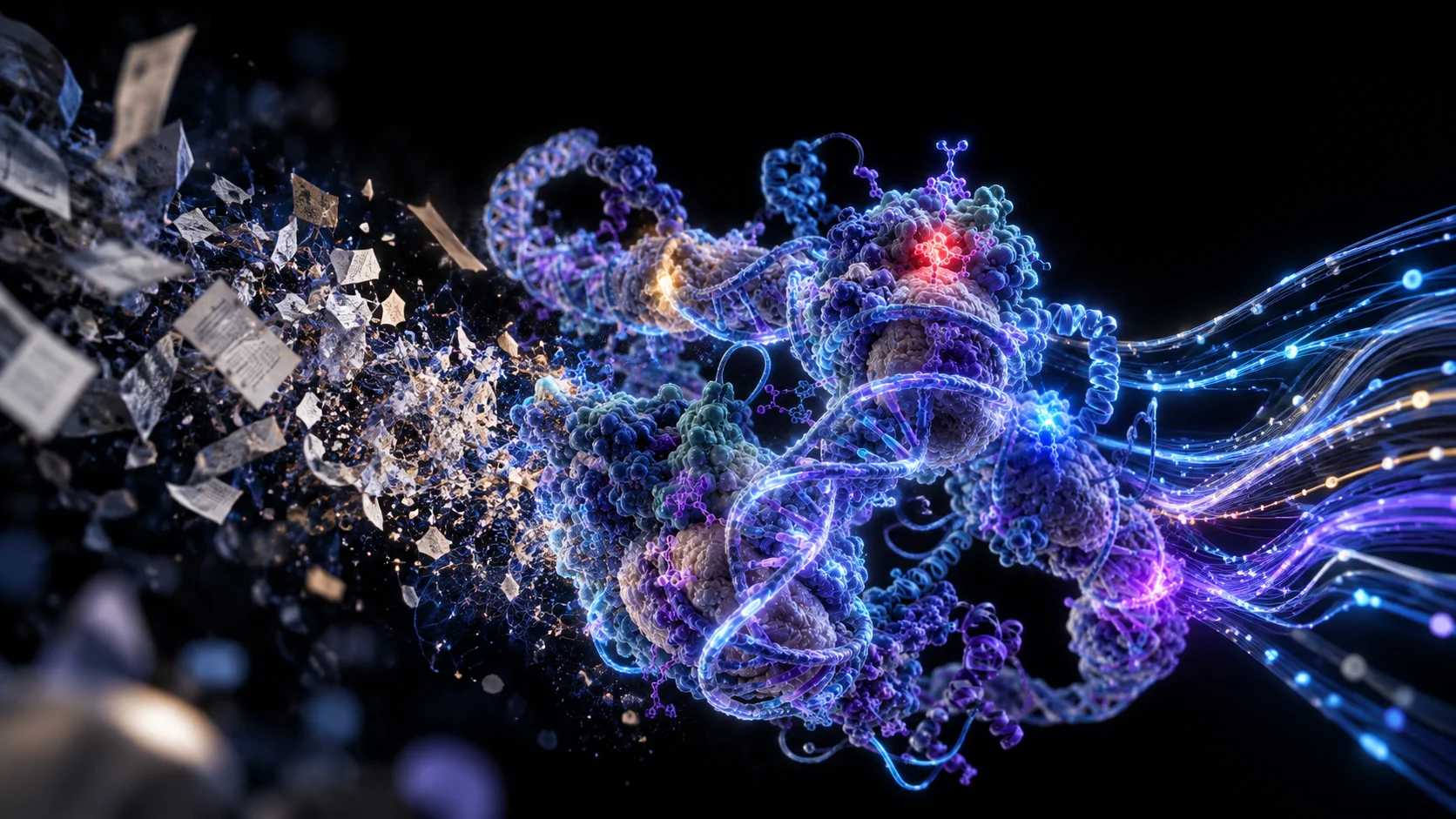 Des papiers se dissolvent dans une molécule lumineuse, qui en ressort sous forme de fibres de lumière ordonnées.